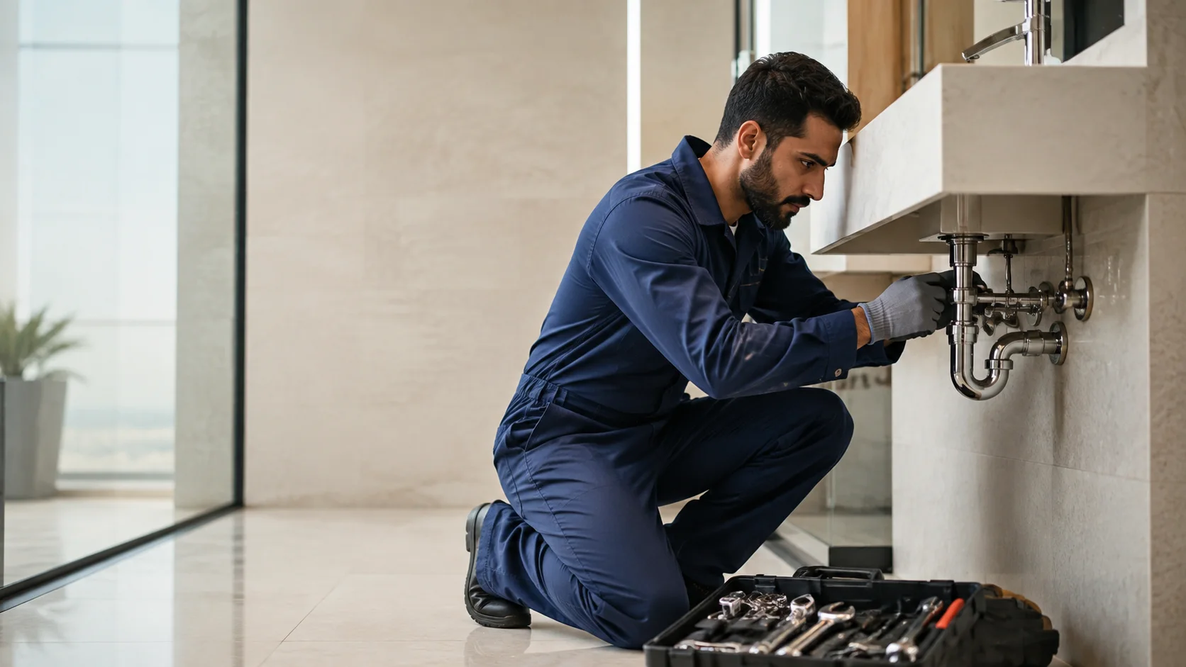 Professional plumber repairing modern plumbing